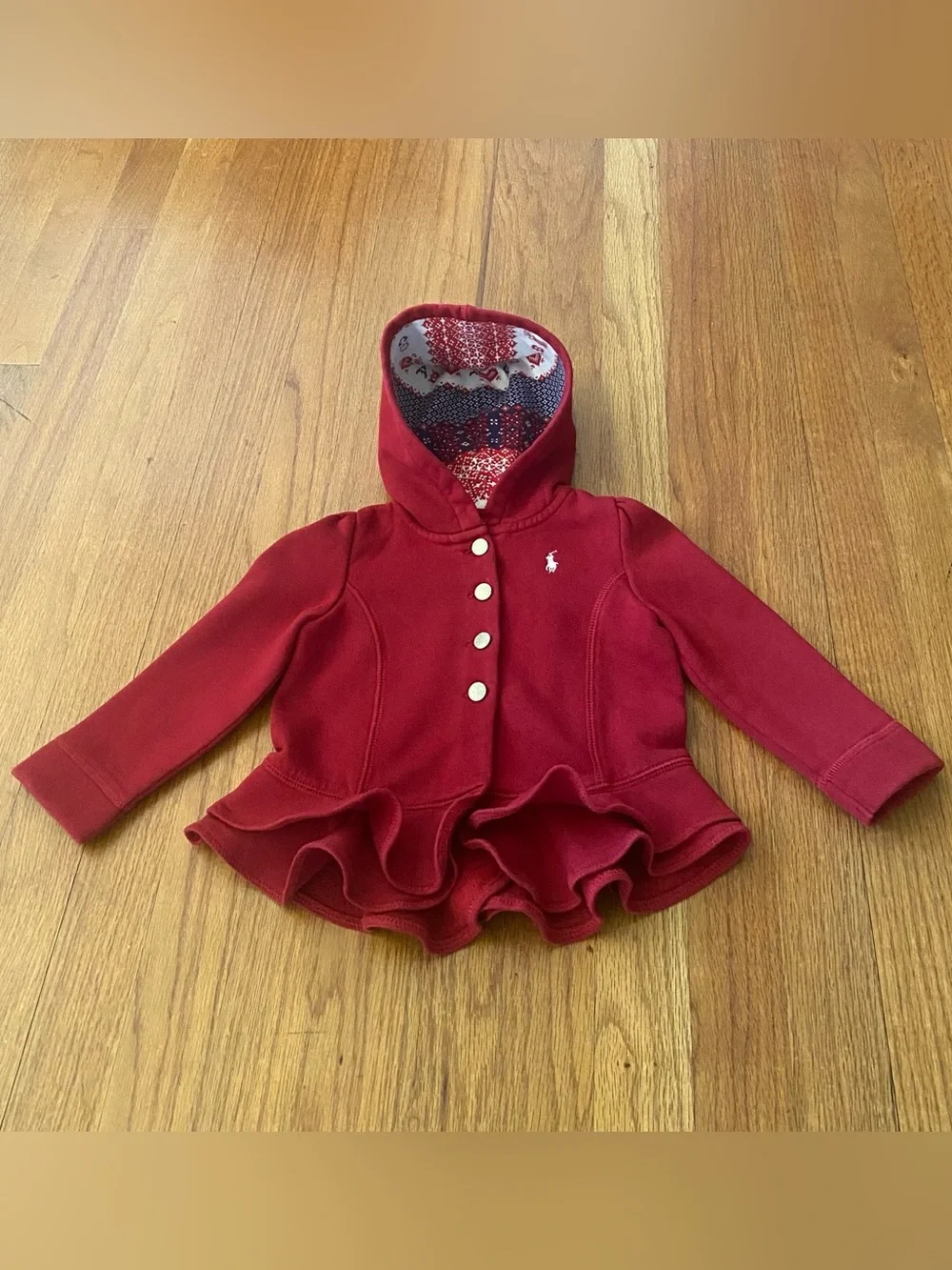 Ralph Lauren Deep Red Ruffle-Hem Hooded With Metal Buttons